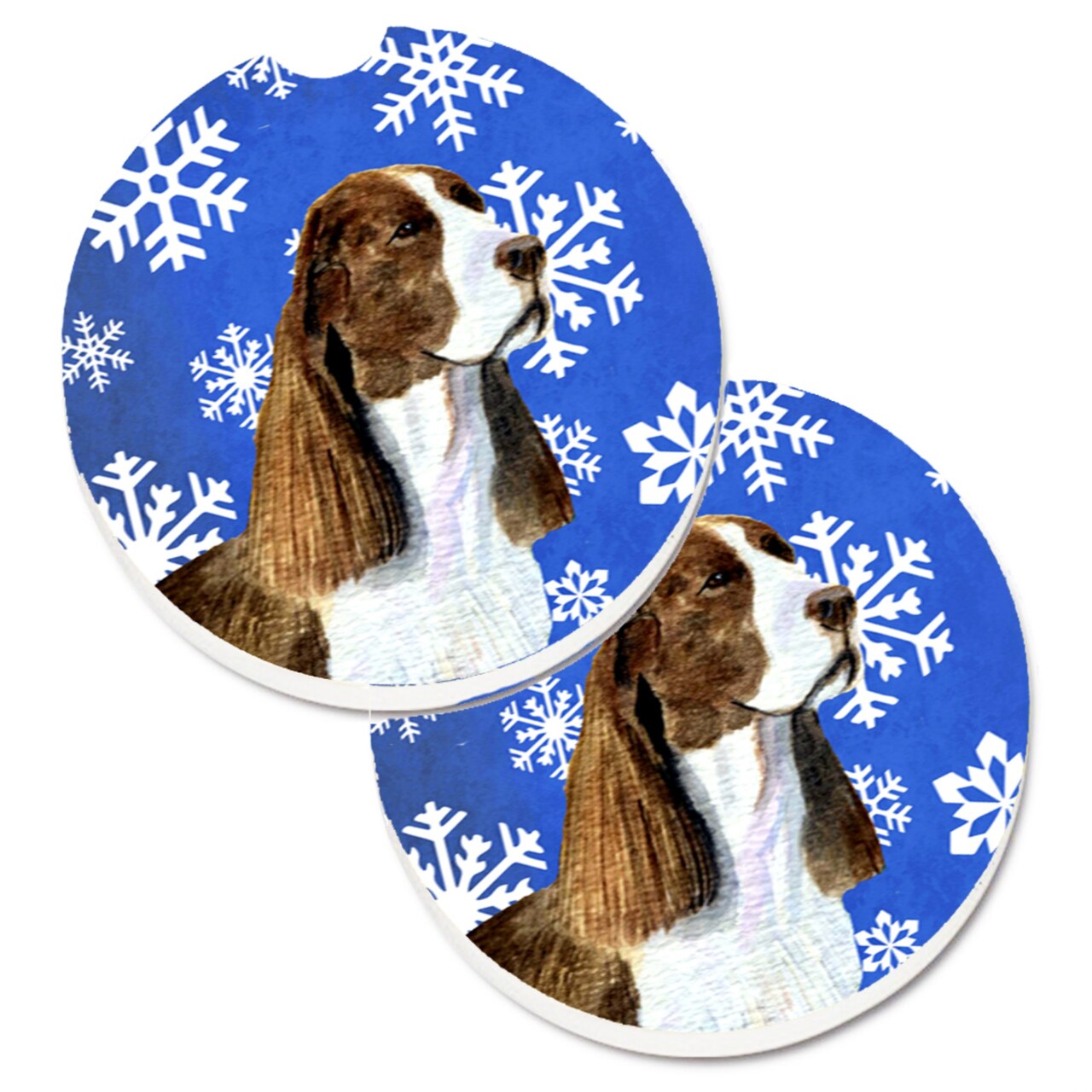 Caroline's Treasures Springer Spaniel Winter Snowflakes Holiday Set of 2 Cup Holder Car Coasters SS4651CARC, 2.56, Multicolor